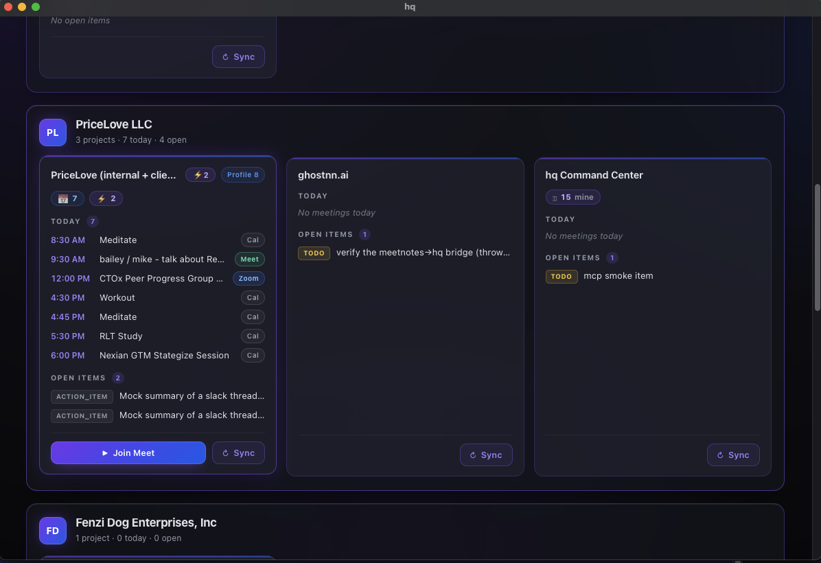 The hq command center dashboard: project cards for PriceLove, ghostnn.ai, and hq itself, each showing the day's schedule, open items, and a sync button that pulls from the tools behind it.